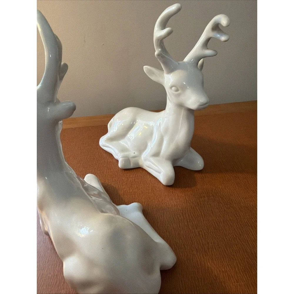 Vintage Pair Of White Porcelain Christmas Deer Buck Laying Figurine 8.5